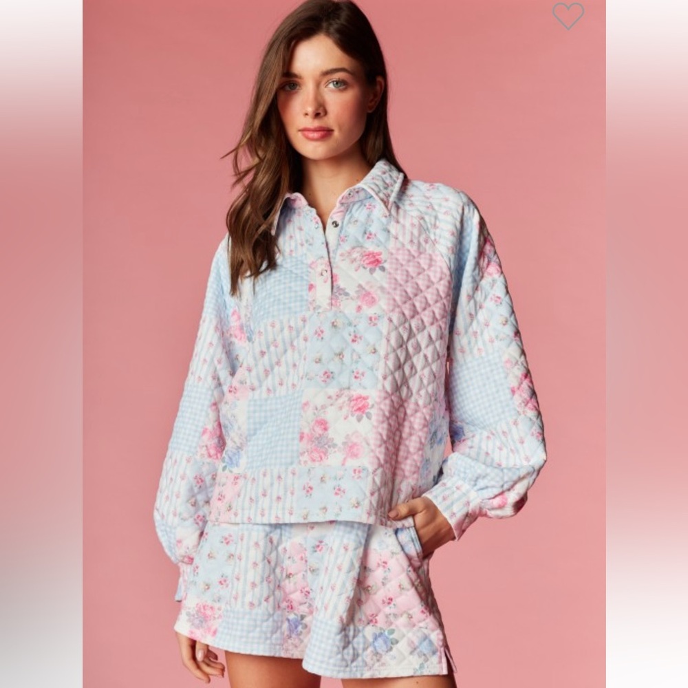 786. Patchwork quilted collared pullover with sho… - image 1